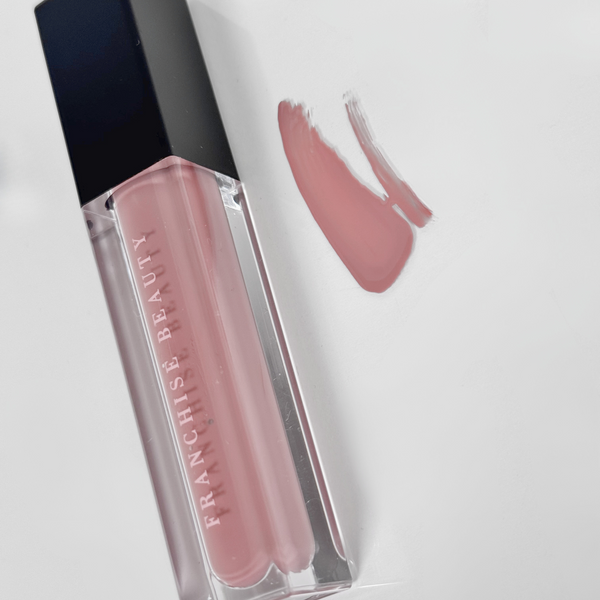 Fuschia Fedora lip gloss by Franchise Beauty – neutral nude cool brown gloss in eco-friendly packaging
