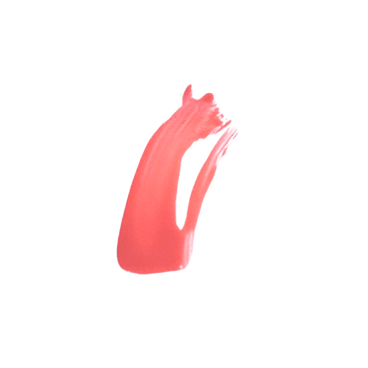 Swatch of Lantana coral lip gloss showing bold, pigmented color with a glossy, smooth finish.